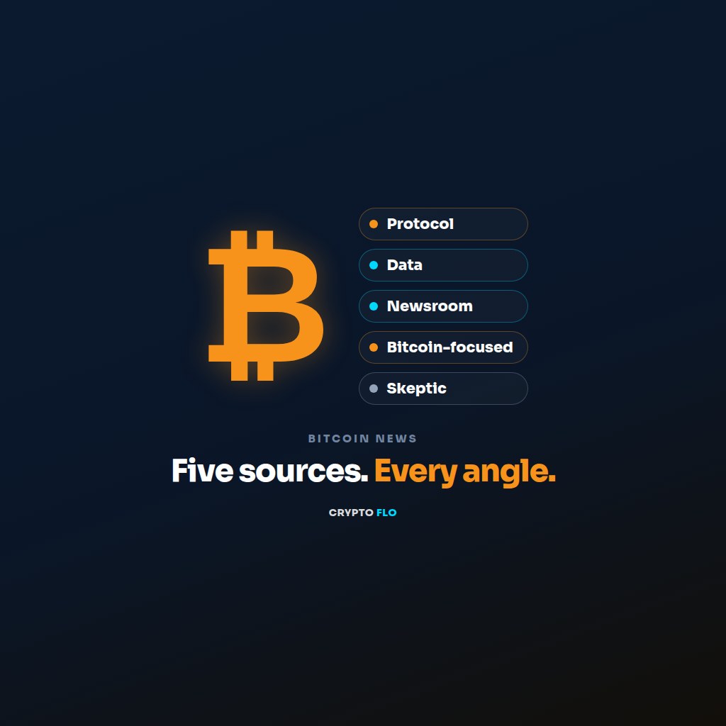 A large orange Bitcoin symbol beside five labelled pills reading Protocol, Data, Newsroom, Bitcoin-focused and Skeptic, above the words Five sources. Every angle.