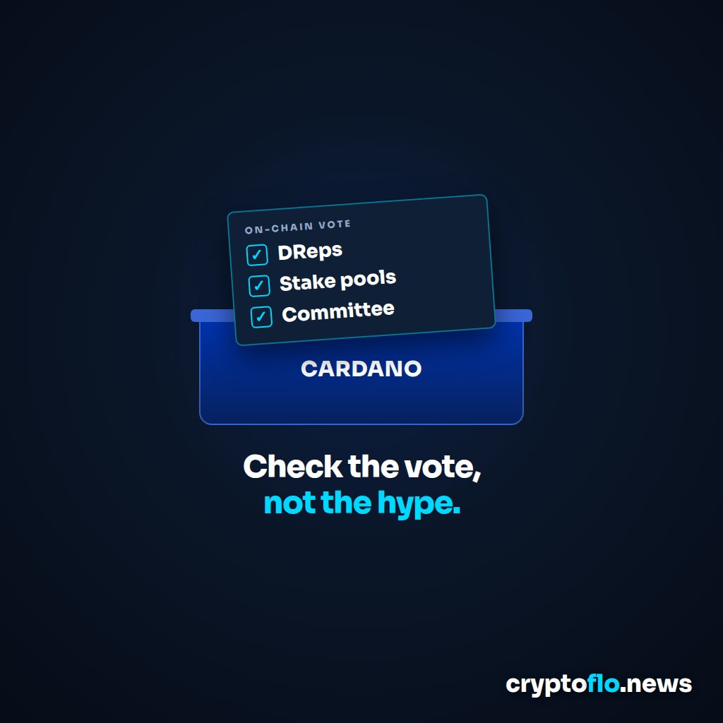 A ballot slip headed On-chain vote with ticked boxes for DReps, Stake pools and Committee, dropping into a blue box labelled Cardano, above the words Check the vote, not the hype.