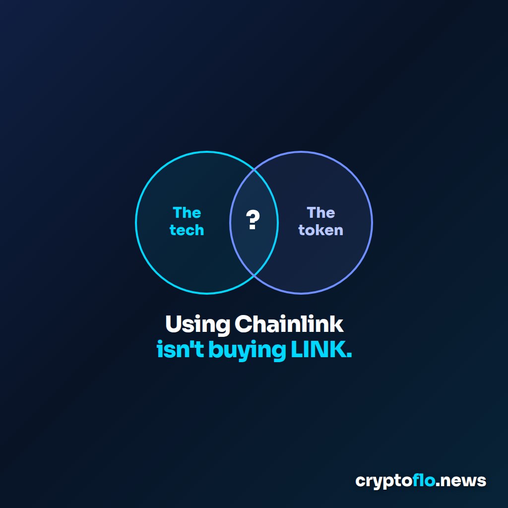 Two overlapping circles labelled The tech and The token with a question mark where they overlap, above the words Using Chainlink isn't buying LINK.