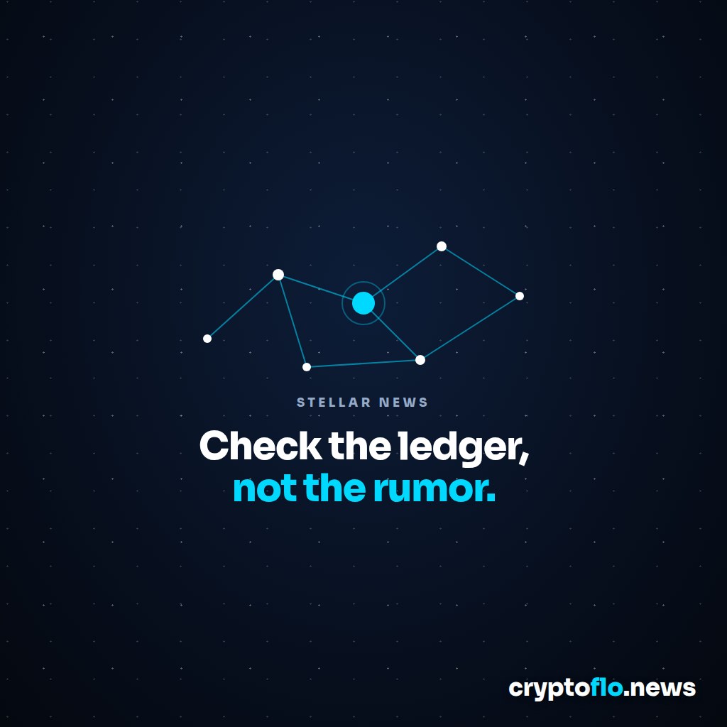 A constellation of white dots joined by cyan lines around one bright cyan node on a starry navy sky, above the words Stellar news, check the ledger, not the rumor.