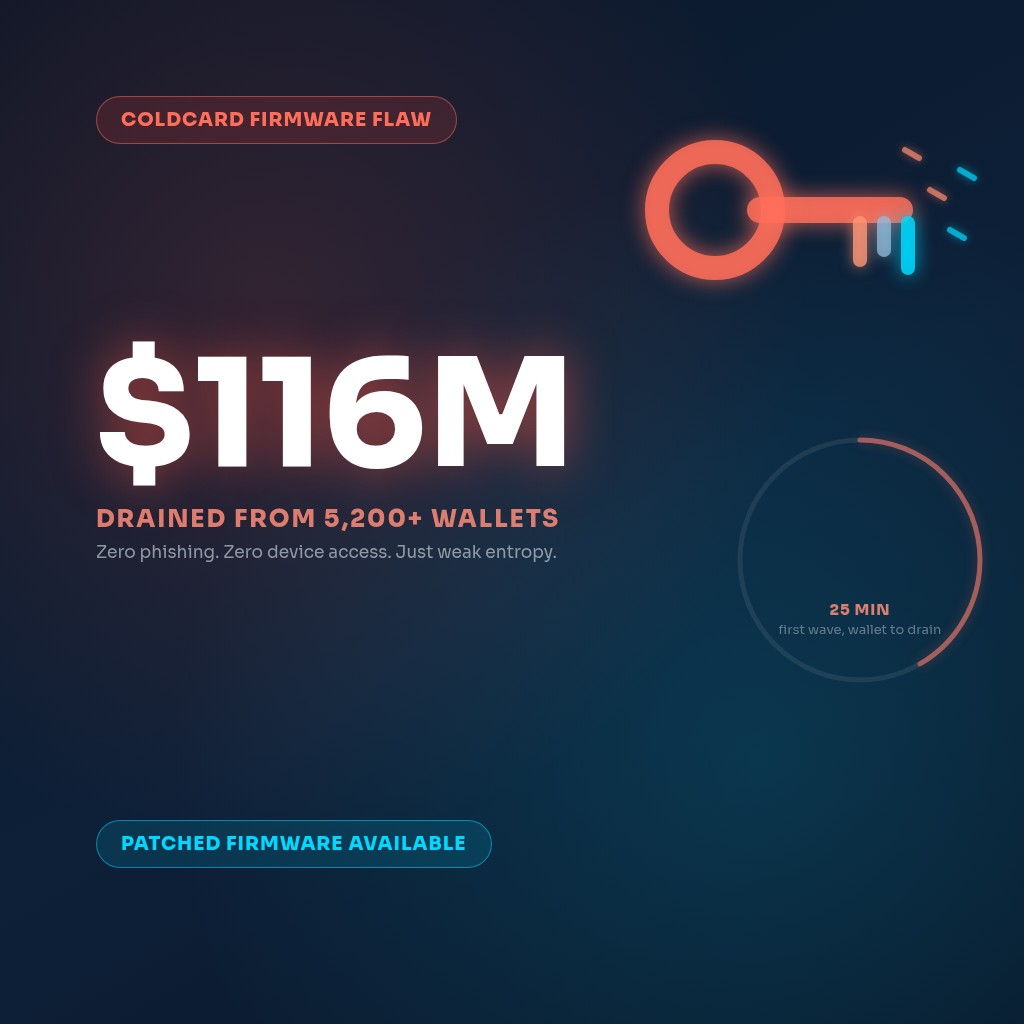 A glowing red key fragmenting into cyan pieces above $116M drained from 5,200+ Coldcard wallets, next to a 25-minute first-wave timer and a patched firmware notice