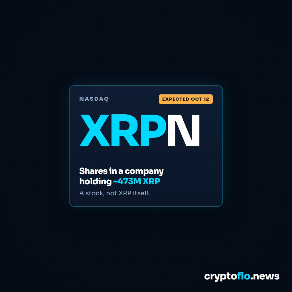A ticker board reading NASDAQ and Expected Oct 12 above a large XRPN, with the lines Shares in a company holding about 473M XRP and A stock, not XRP itself.
