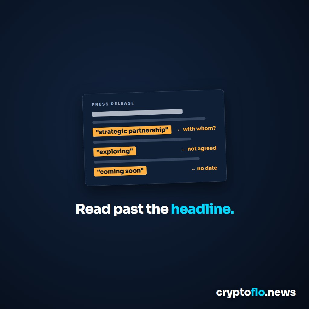 A tilted press release with three amber-highlighted phrases, strategic partnership, exploring and coming soon, annotated with with whom, not agreed and no date, above the words Read past the headline.