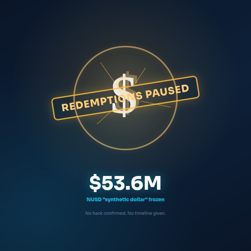 A dollar coin icon cracked and stamped "REDEMPTIONS PAUSED" in amber, with the stat $53.6M NUSD synthetic dollar frozen and a note that no hack has been confirmed