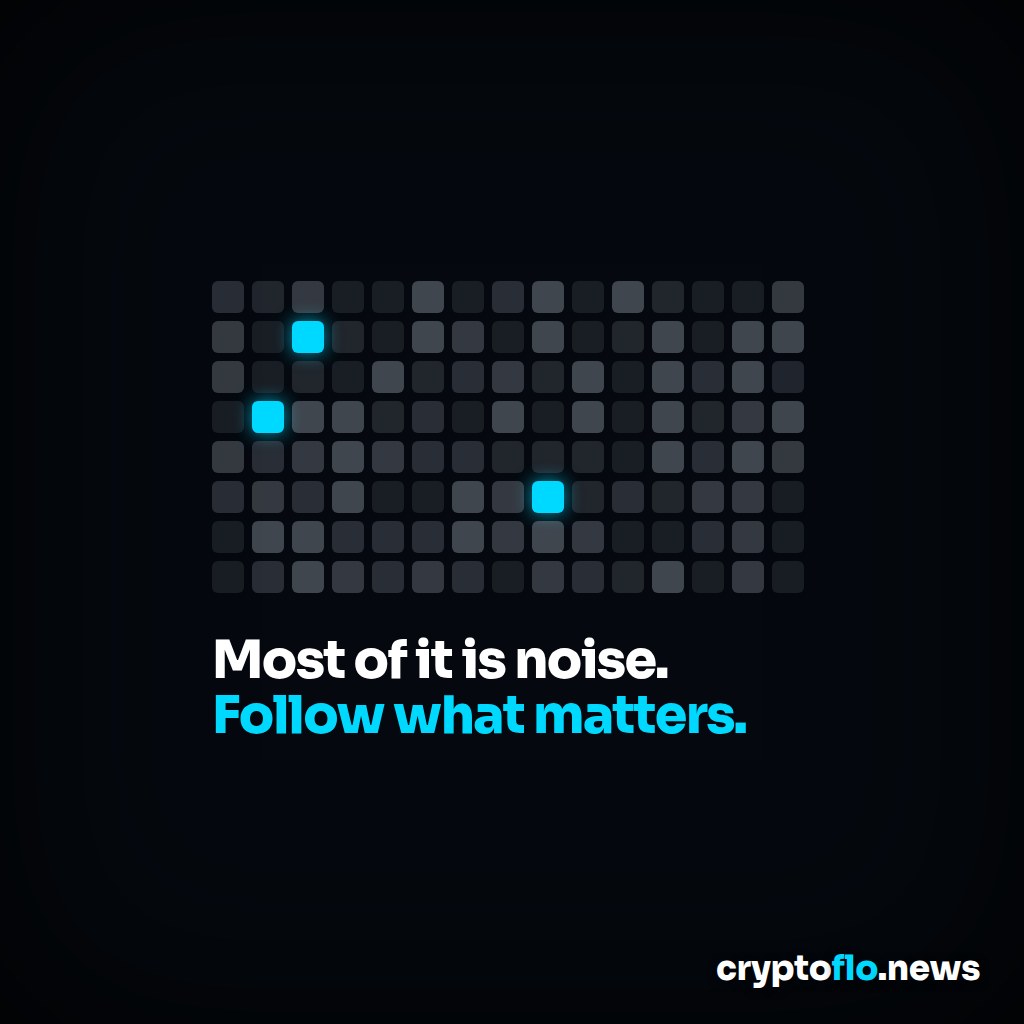A dark grid of over a hundred dim grey squares with just three glowing cyan, above the words Most of it is noise. Follow what matters.